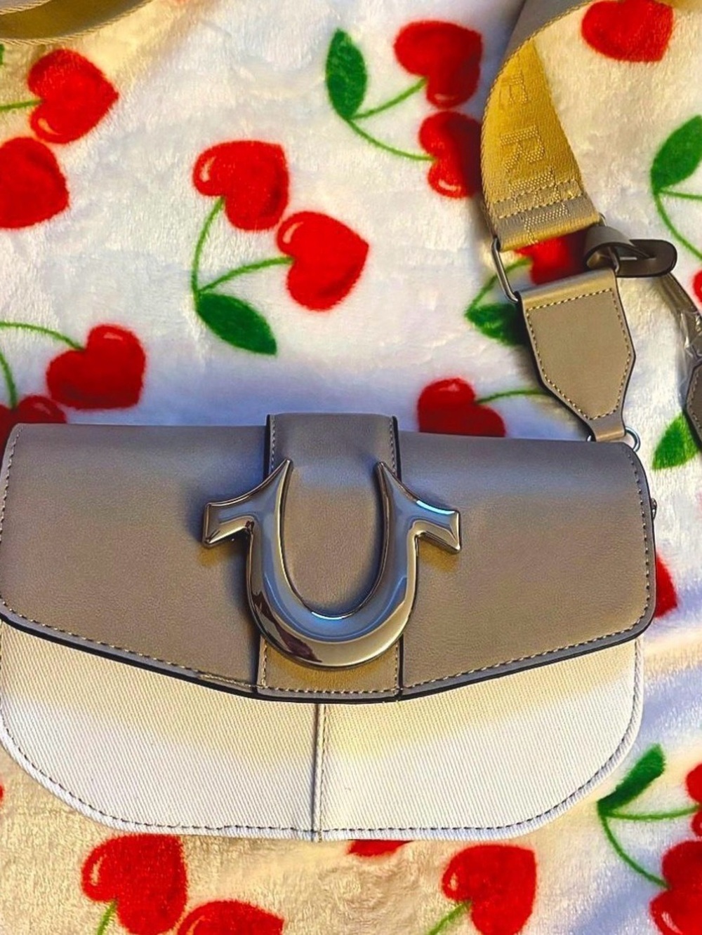 True Religion Taupe and Cream Crossbody with Silver Horseshoe